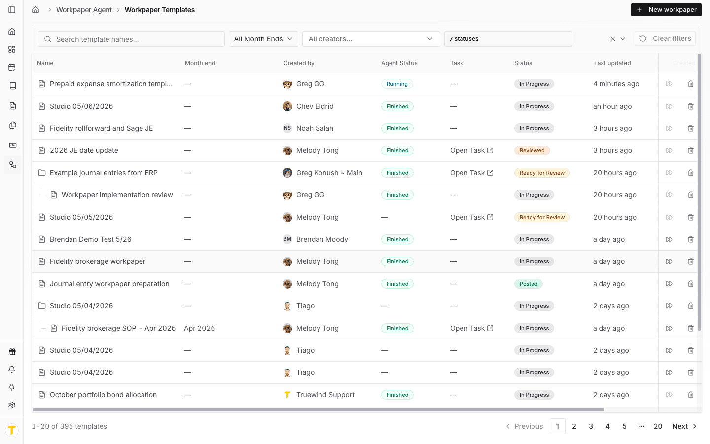 Screenshot showing the Workpapers page with the workpaper list, filters, and New workpaper action.