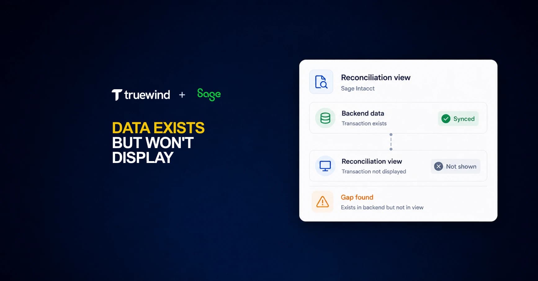 Dark blue Truewind blog cover showing a Sage Intacct reconciliation display gap.
